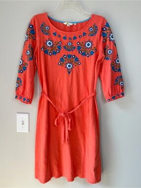 Boden Leyla Floral Embroidered Jersey Slub Cotton Tie Tunic Dress Guava Orange